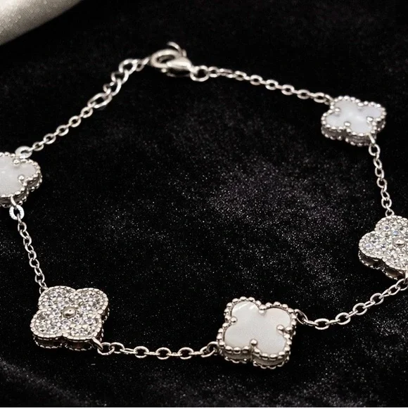 Moissanite White Mother of Pearl Clover Inspired Bracelet 925 Sterling Silver - Picture 6 of 6